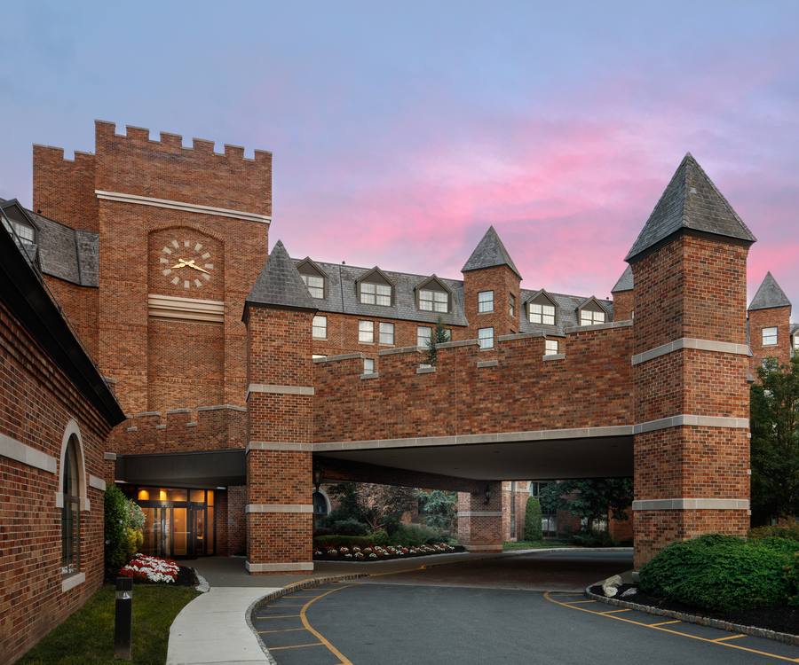 Hotel entrance at dusk